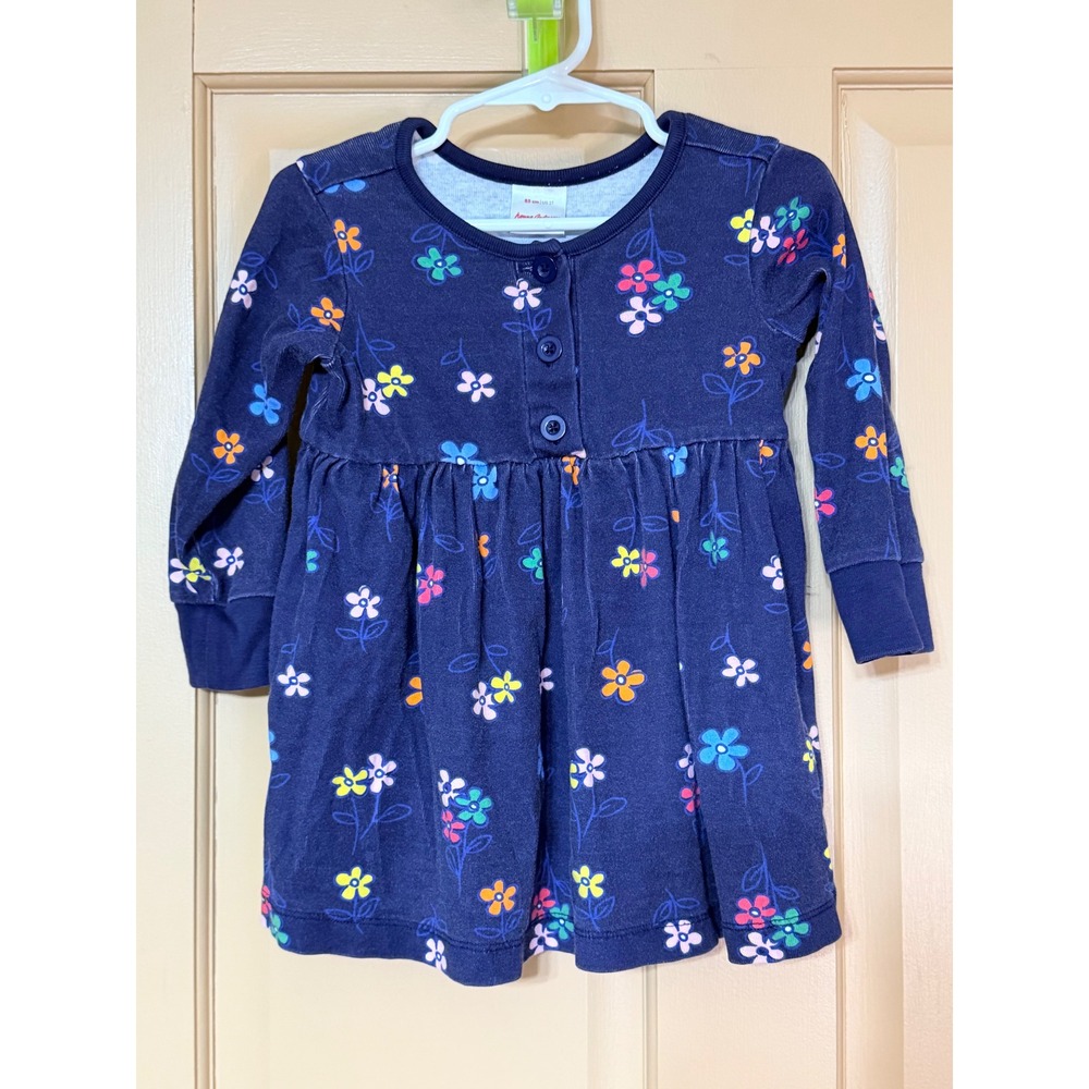 Hanna Andersson Navy Blue Floral Long Sleeve Knit Dress Toddler Girls 2T 85cm